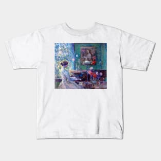 Woman Playing Piano By An Open Window Surrounded By Flowers, Childe Hassam 1899 Kids T-Shirt